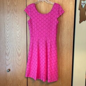 Ronni Nicole Pink Eyelet Lace Rear Zip Cap Sleeve Fit and Flare Dress Size 6 EUC